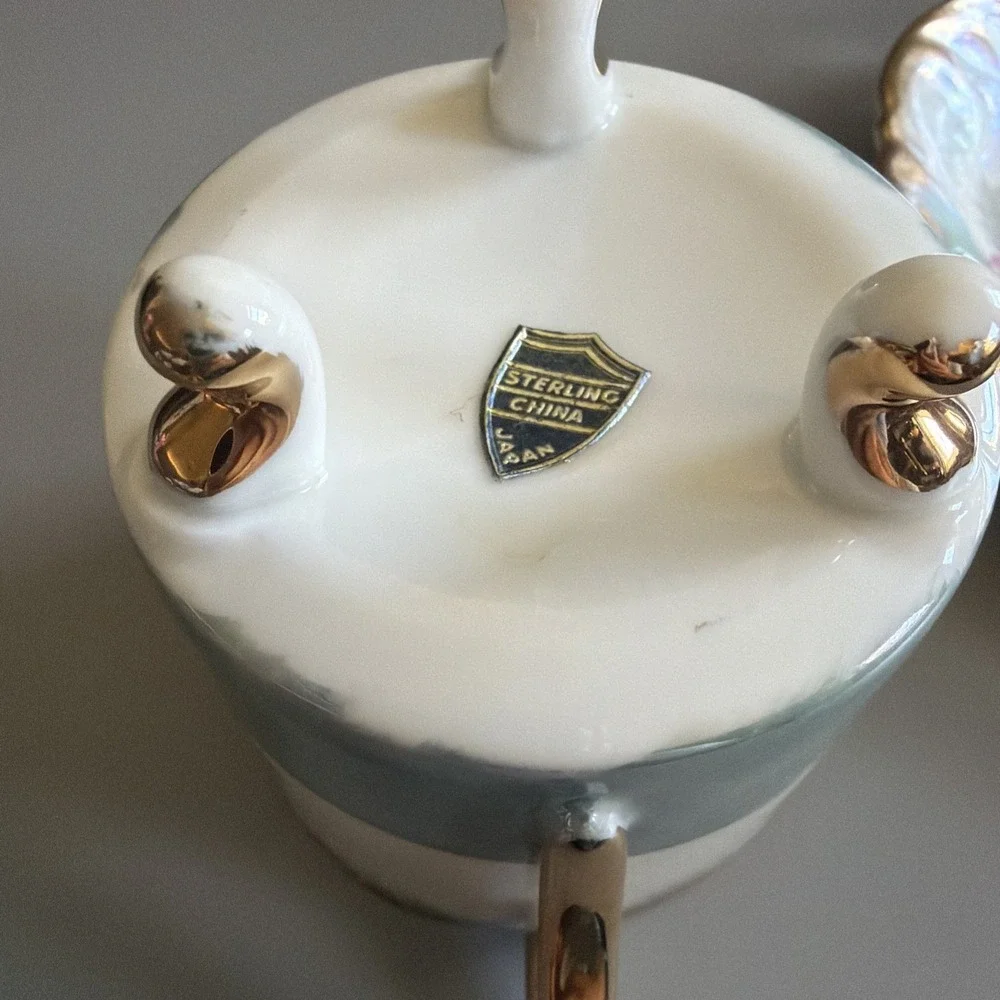 VTG Mid Century Tea Cup Saucer Sterling China Iridescent Floral Gold Tri Footed